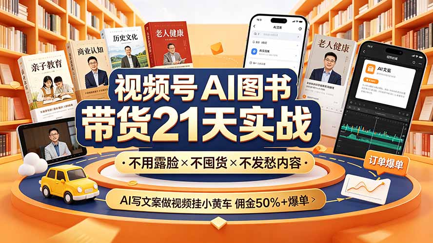 视频号AI图书带货21天实战：不用露脸×不囤货×不发愁内容，AI写文案做视频挂小黄车，佣金50%+爆单-副业网