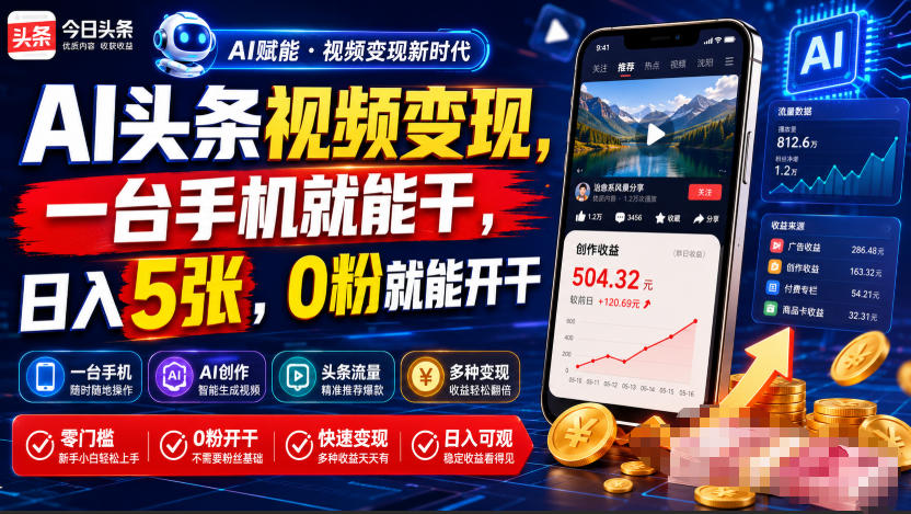 AI头条视频变现，一台手机就能干，日入5张，0粉就能开干-副业网