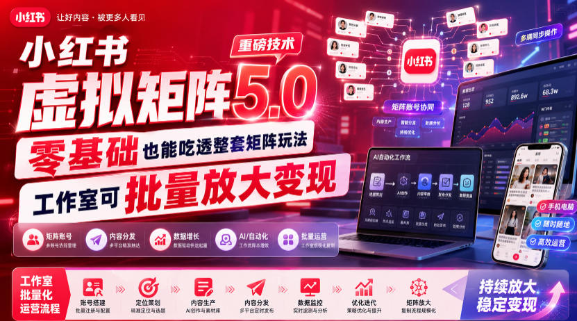 小红书虚拟矩阵5.0重磅技术，零基础也能吃透整套矩阵玩法，工作室可批量放大变现-副业网