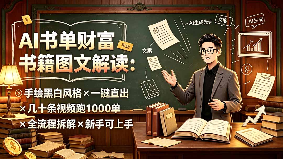 AI书单财富书籍图文解读：手绘黑白风格×一键直出×几十条视频跑1000单×全流程拆解×新手可上手-副业网