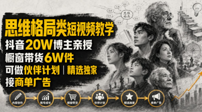 人性思维格局类短视频教学，抖音20W博主亲授，橱窗带货6W件，可做伙伴计划、精选独家、接商单广告-副业网