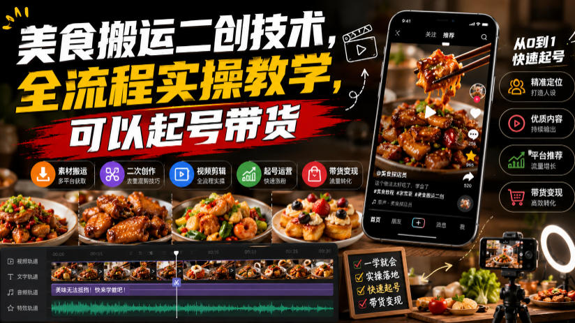 美食搬运二创技术，全流程实操教学，可以起号带货-副业网