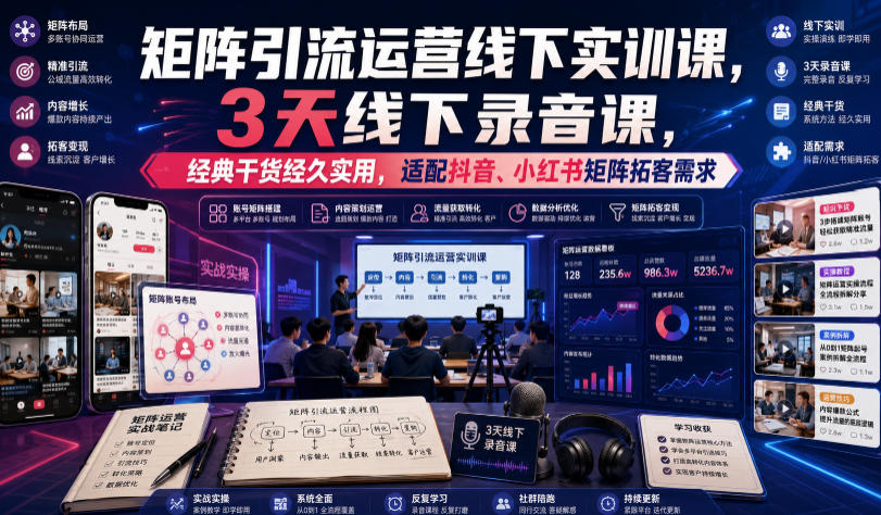 嗨推矩阵引流运营线下实训课，3天线下录音课，经典干货经久实用，适配抖音、小红书矩阵拓客需求-副业网