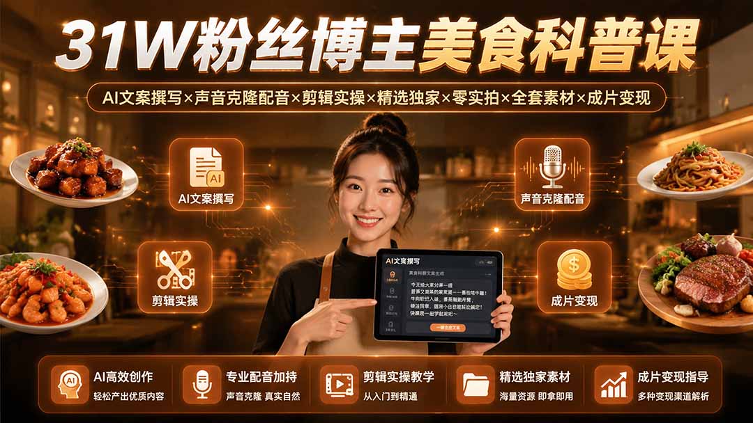 31W粉丝博主美食科普课：AI文案撰写×声音克隆配音×剪辑实操×精选独家×零实拍×全套素材×成片变现-副业网