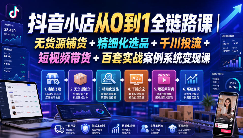抖音小店从0到1全链路课｜无货源铺货+精细化选品+千川投流+短视频带货+百套实战案例系统变现课(2026年7月更新)-副业网