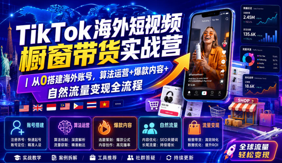 TikTok海外短视频橱窗带货实战营｜从0搭建海外账号，算法运营+爆款内容+自然流量变现全流程-副业网