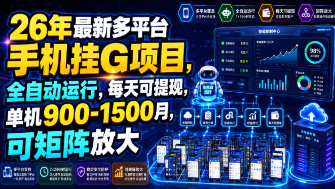 26年最新多平台手机挂G项目，全自动运行，每天可提现，单机900-1500月，可矩阵放大【揭秘】-副业网