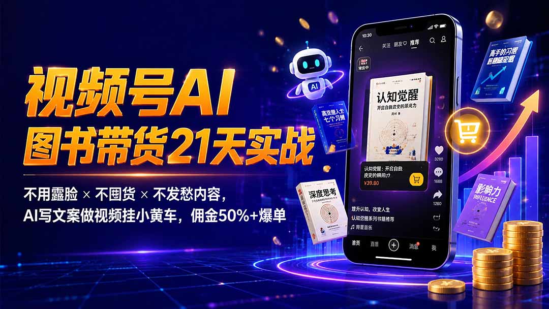 繁花视频号AI图书带货21天实战：不用露脸×不囤货×不发愁内容，AI写文案做视频挂小黄车，佣金50%+爆单-副业网