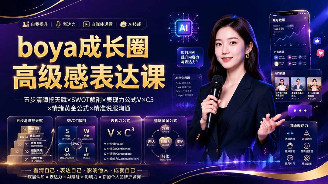 boya成长圈｜内心成长高级表达AI自媒体三合一，消解内耗挖掘天赋，镜头沟通AI指令短视频全流程教学-副业网
