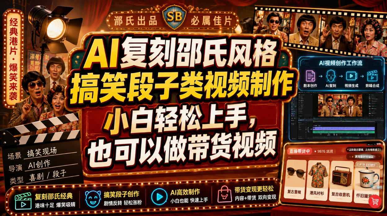 AI复刻邵氏风格搞笑段子类视频制作，小白轻松上手，也可以做带货视频-副业网