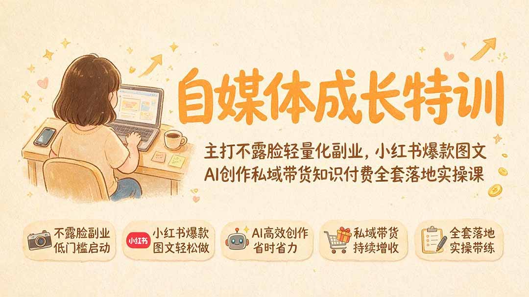 自媒体成长特训｜主打不露脸轻量化副业，小红书爆款图文AI创作私域带货知识付费全套落地实操课-副业网