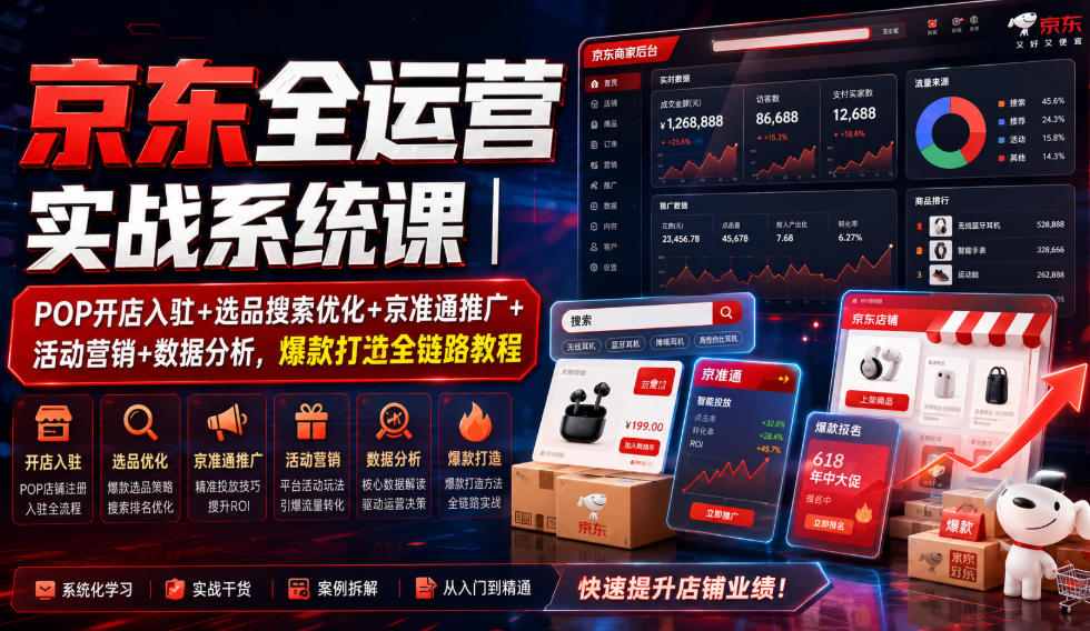 京东全运营实战系统课｜POP开店入驻+选品搜索优化+京准通推广+活动营销+数据分析，爆款打造全链路教程-副业网