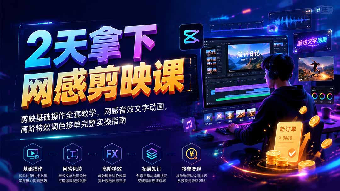 2天拿下网感剪辑课｜剪映基础操作全套教学，网感音效文字动画，高阶特效调色接单完整实操指南-副业网