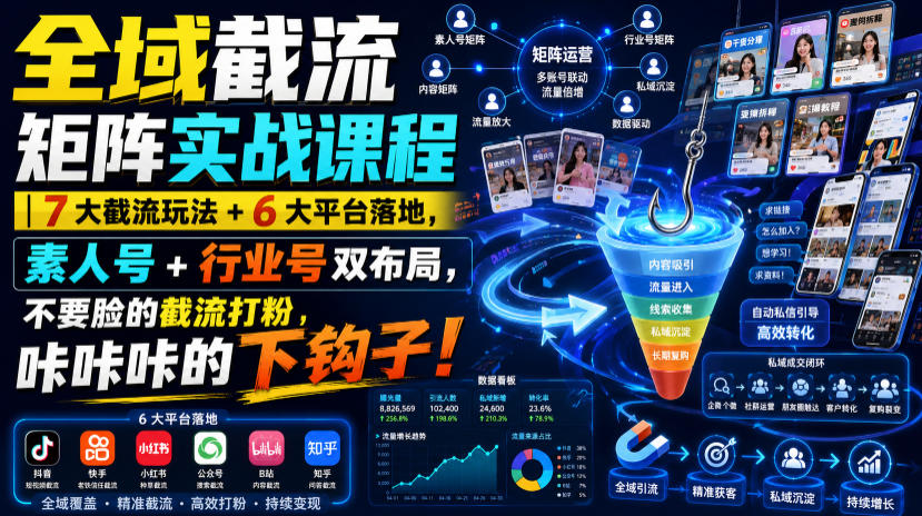 全域截流矩阵实战课程｜7大截流玩法+6大平台落地，素人号+行业号双布局，不要脸的截流打粉，咔咔咔的下钩子！-副业网