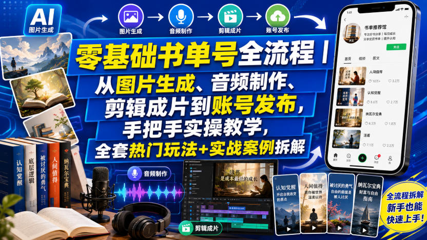 零基础书单号全流程｜从图片生成、音频制作、剪辑成片到账号发布，手把手实操教学，全套热门玩法+实战案例拆解-副业网