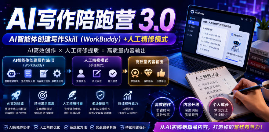 AI写作陪跑营3.0，Ai智能体创建写作skill(workbuddy)+人工手写模式(手搓模式)，去除AI痕迹(头条号、公众号、百家号)(更新0730)-副业网