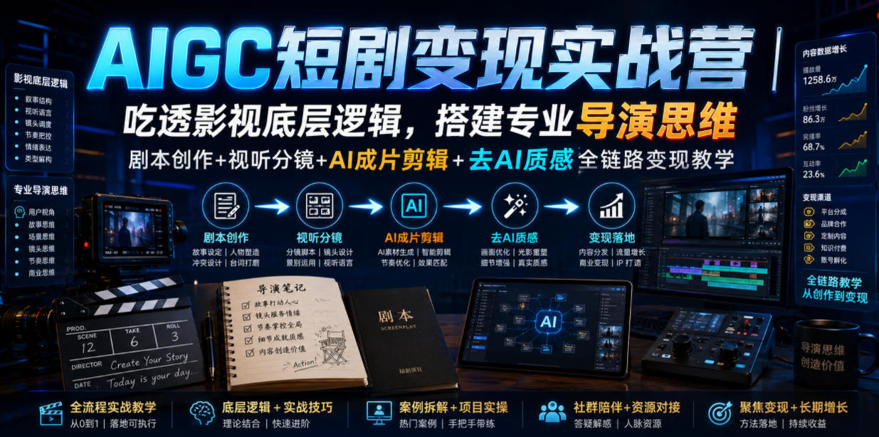 AIGC短剧变现实战营｜吃透影视底层逻辑，搭建专业导演思维，剧本创作+视听分镜+AI成片剪辑+去AI质感全链路变现教学-副业网