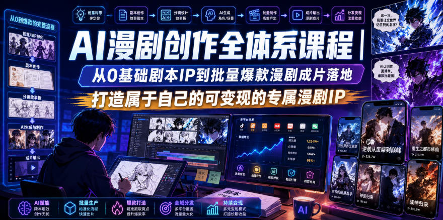 AI漫剧创作全体系课程｜从0基础剧本IP到批量爆款漫剧成片落地，打造属于自己的可变现的专属漫剧IP-副业网