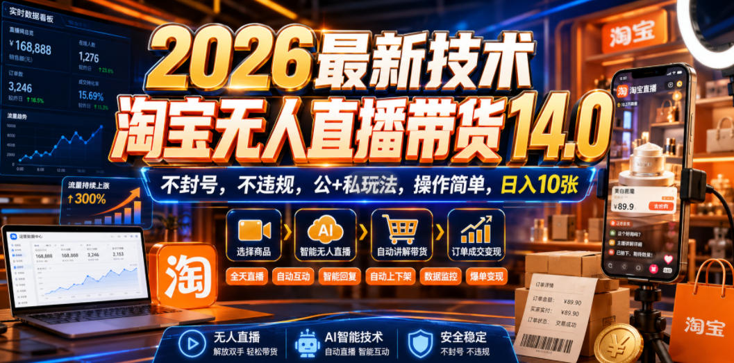 2026最新技术，淘宝无人直播带货14.0，不封号，不违规，公+私玩法，操作简单，日入10张【揭秘】-副业网