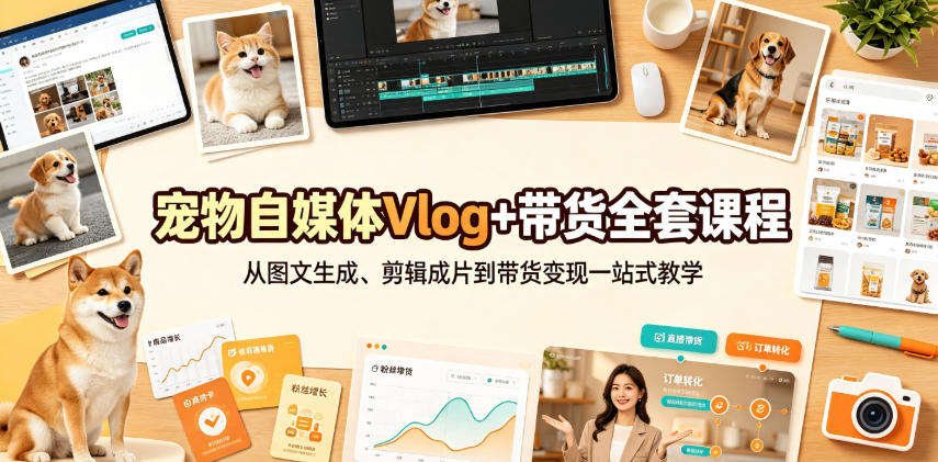 宠物自媒体Vlog+带货全套课程｜从图文生成、剪辑成片到带货变现一站式教学-副业网