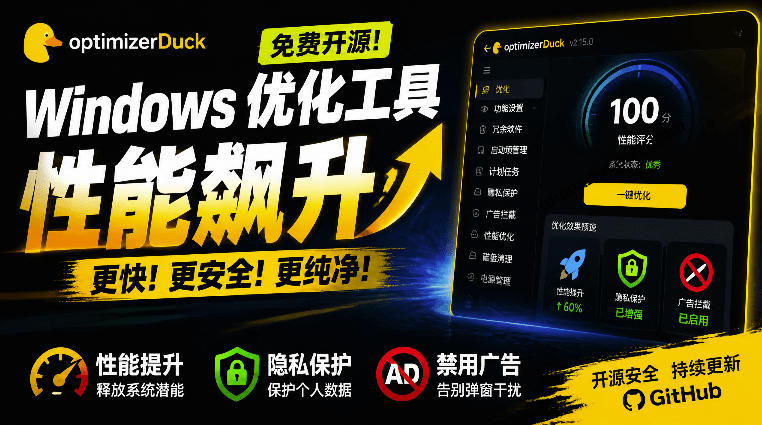 让Windows更纯净、透明、强大的优化工具！免费开源，主打性能提升、功能设置与磁盘清理OptimizerDuck-副业网