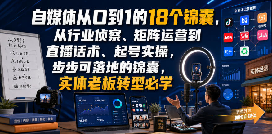 自媒体从0到1的18个锦囊，从行业侦察、矩阵运营到直播话术、起号实操，步步可落地的锦囊，实体老板转型必学-副业网