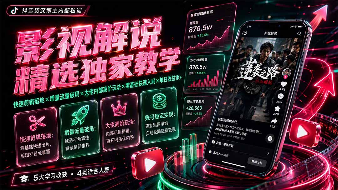 影视解说精选独家教学：快速剪辑落地×增量流量破局×大佬内部高阶玩法×零基础快速入局×单日收益1K+-副业网