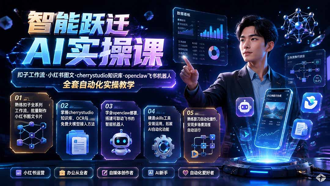 智能跃迁 AI实操课｜扣子工作流小红书图文搭建，cherrystudio知识库openclaw飞书机器人全套自动化实操教学-副业网
