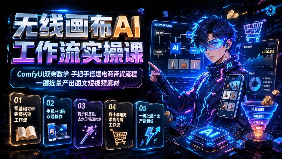 无线画布AI工作流实操课｜ComfyUI双端教学，手把手搭建电商带货流程，一键批量产出图文短视频素材-副业网