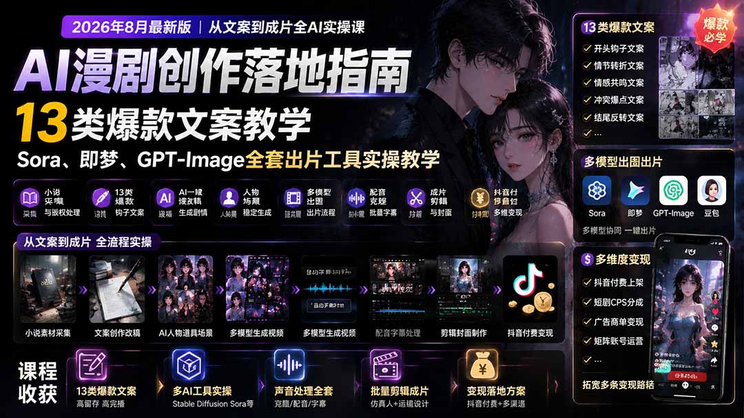 AI漫剧创作落地指南｜13类爆款文案教学，Sora、即梦、GPT-Image全套出片工具实操教学-副业网