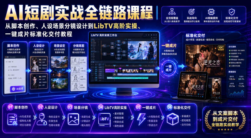 AI短剧实战全链路课程｜从脚本创作、人设场景分镜设计到LibTV高阶实操、一键成片标准化交付教程-副业网