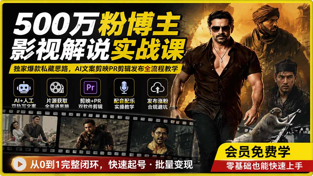500万粉博主影视解说实战课｜独家爆款私藏思路，AI文案剪映PR剪辑发布全流程教学-副业网