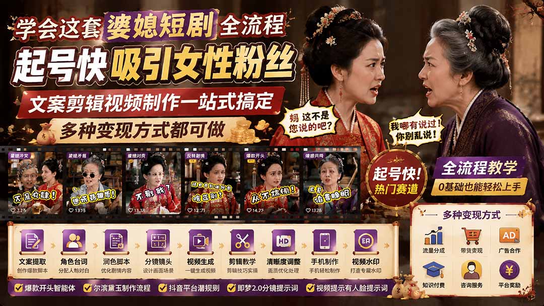 学会这套婆媳短剧全流程：起号快吸引女性粉丝，文案剪辑视频制作一站式搞定，多种变现方式都可做-副业网