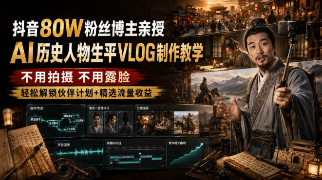 抖音80W粉丝博主的AI历史人物生平VLOG教学，不用拍摄不用露脸，AI帮你搞定，轻松解锁伙伴计划+精选收益-副业网