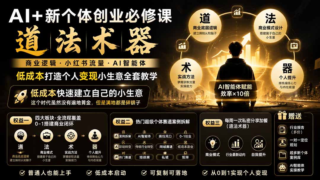 AI+新个体创业必修课｜道法术器｜商业逻辑·小红书流量·AI智能体｜低成本打造个人变现小生意全套教学-副业网
