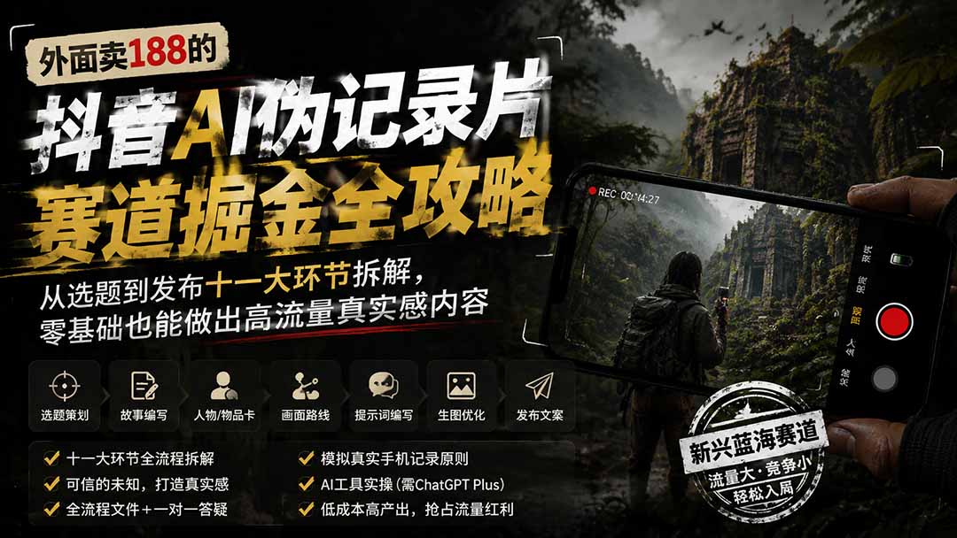 外面卖188的抖音AI伪记录片赛道掘金全攻略；从选题到发布十一大环节拆解，零基础也能做出高流量真实感内容-副业网