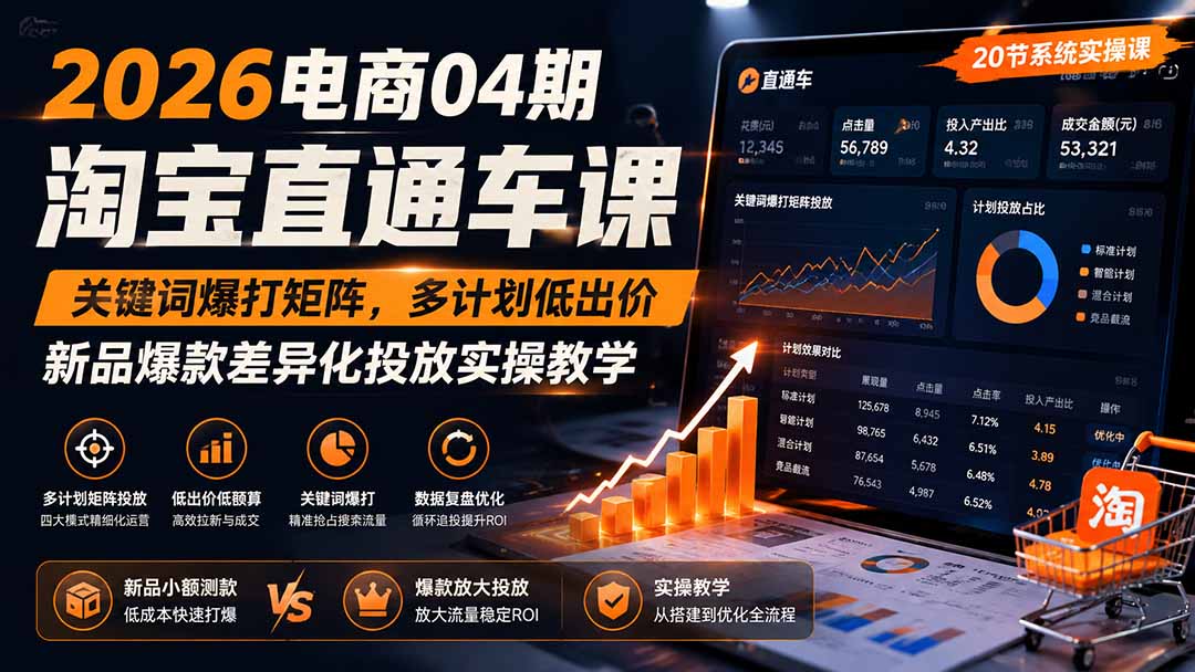 2026电商04期淘宝直通车课｜关键词爆打矩阵，多计划低出价，新品爆款差异化投放实操教学-副业网
