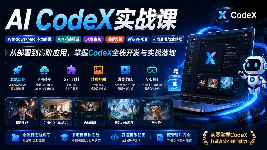 AI  CodeX实战课｜Windows/Mac 本地部署｜API 对接调通｜Skill 自制｜漫剧剪辑｜网站 VR 项目｜AI项目落地全教程-副业网