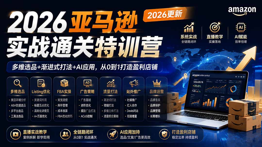 2026亚马逊实战通关特训营-2026更新，多维选品+渐进式打法+AI应用，从0到1打造盈利店铺-副业网