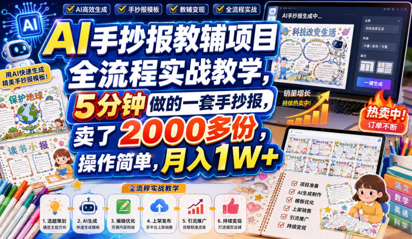 AI手抄报教辅项目全流程实战教学，5分钟做的一套手抄报，卖了2000多份，操作简单，月入1W+-副业网