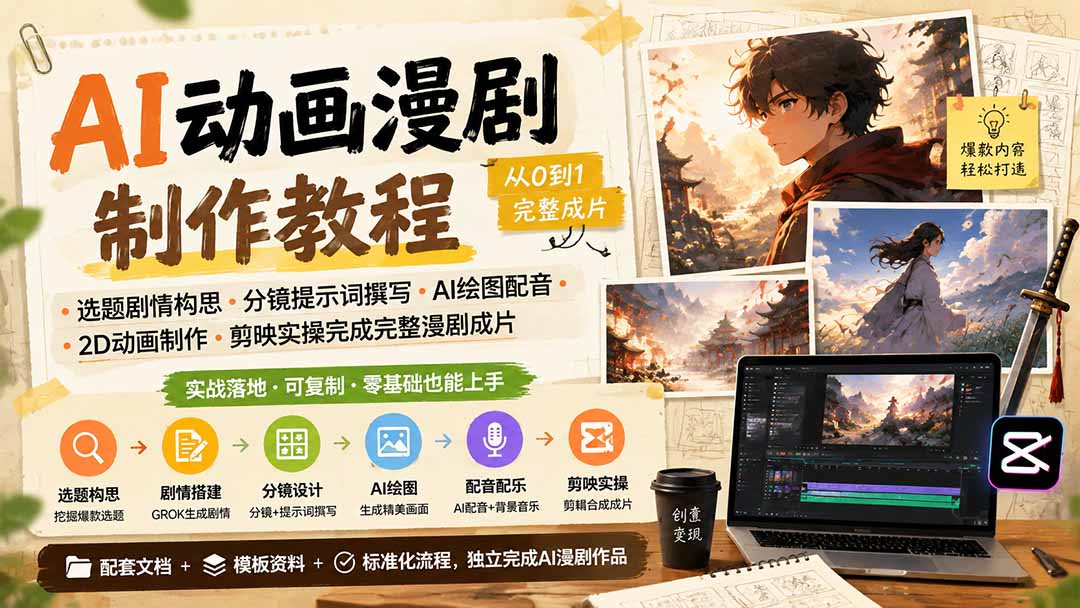 AI动画漫剧制作教程｜选题剧情构思·分镜提示词撰写·AI绘图配音·2D动画制作·剪映实操完成完整漫剧成片-副业网