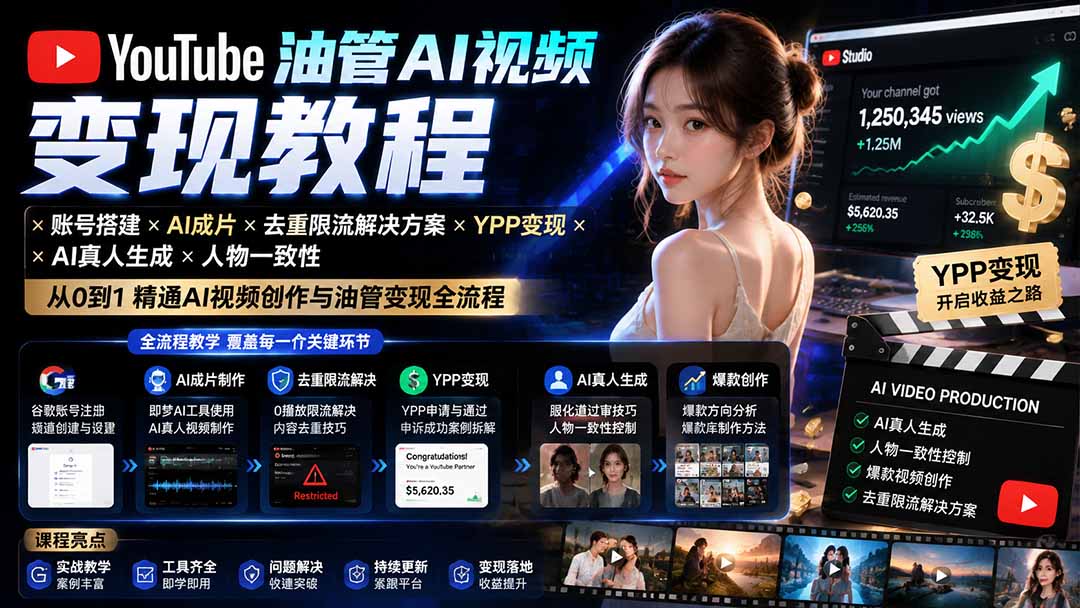 YouTube油管AI视频变现教程-更新：账号搭建×AI成片×去重限流解决方案×YPP变现×AI真人生成×人物一致性-副业网