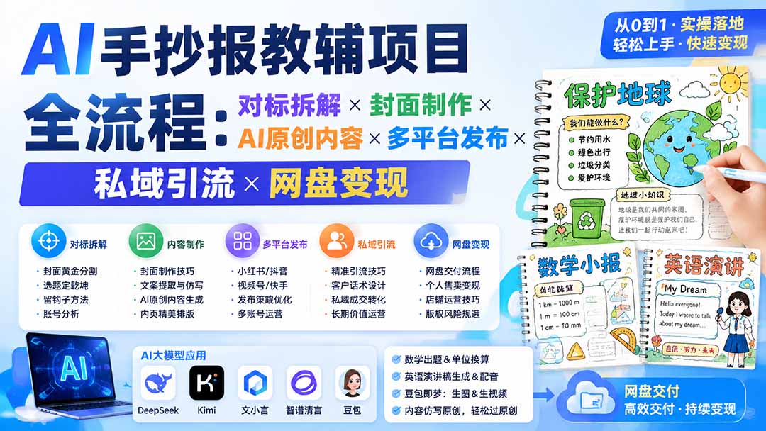 AI手抄报教辅项目全流程：对标拆解×封面制作×AI原创内容×多平台发布×私域引流×网盘变现-副业网