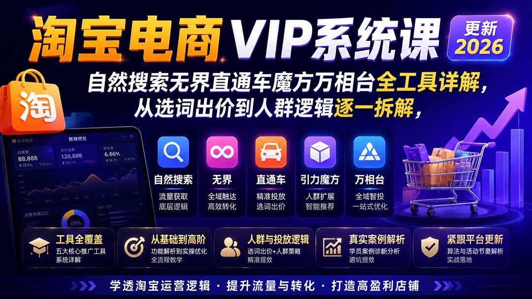 淘宝电商VIP系统课-更新8月；自然搜索无界直通车魔方万相台全工具详解，从选词出价到人群逻辑逐一拆解-副业网