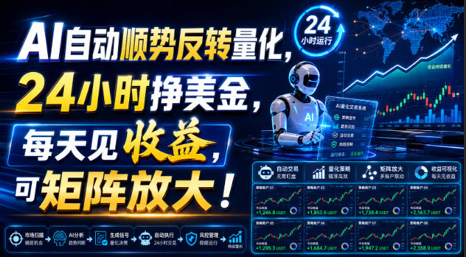 AI自动顺势反转量化，24小时挣美金，每天见收益，可矩阵放大！【揭秘】-副业网