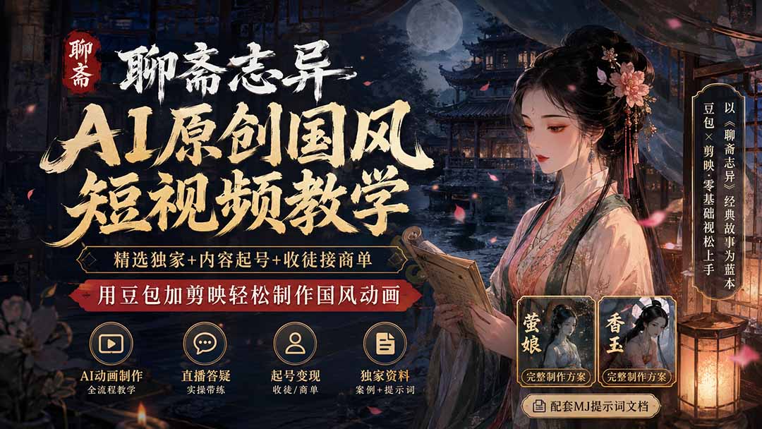 聊斋志异AI原创国风短视频教学；精选独家+内容起号+收徒接商单，用豆包加剪映轻松制作国风动画-副业网