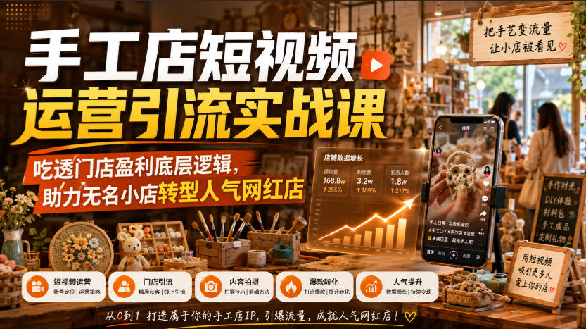 手工店短视频运营引流实战课，吃透门店盈利底层逻辑，助力无名小店转型人气网红店-副业网