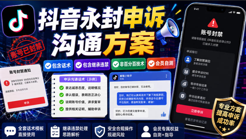 抖音永封申诉沟通方案，包含话术，包含继承违禁，非百分百技术，会员自测-副业网
