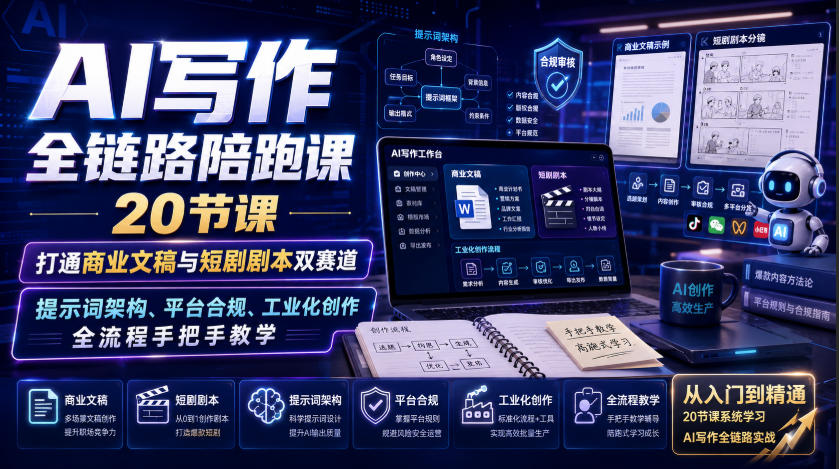 AI写作全链路陪跑课｜20节课打通商业文稿与短剧剧本双赛道，提示词架构、平台合规、工业化创作全流程手把手教学-副业网
