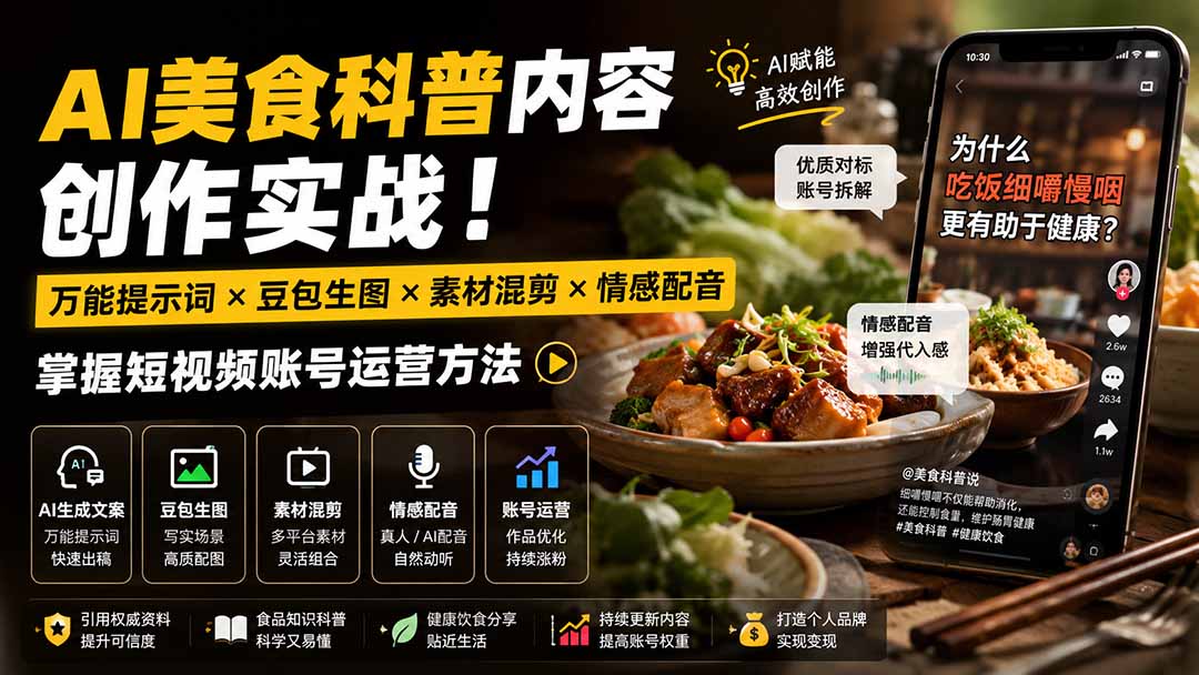 外面卖199元-AI美食科普内容创作实战！万能提示词×豆包生图×素材混剪×情感配音，掌握短视频账号运营方法-副业网